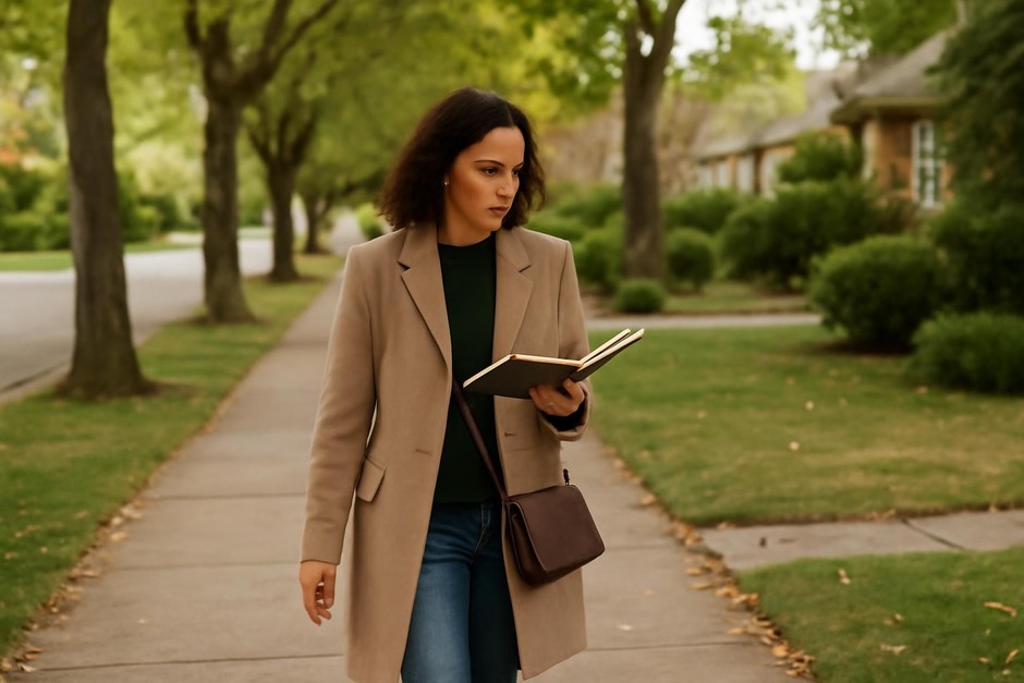 A person walking along a quiet tree-lined street, notebook in hand