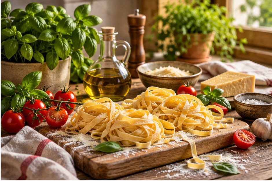 Fresh pasta, basil, tomatoes, olive oil and cheese arranged on a wooden kitchen table.