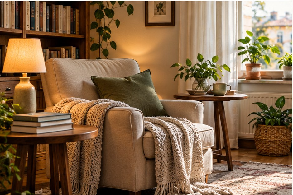 A comfortable armchair beside bookshelves, plants and a reading lamp in a warm interior.