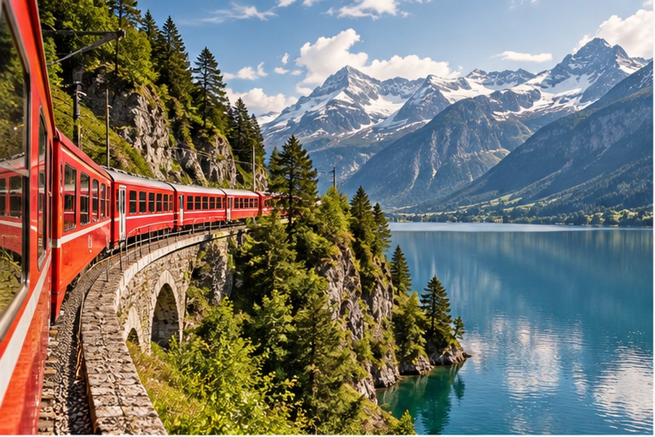 A red passenger train curves along an alpine lake beneath high mountain peaks.