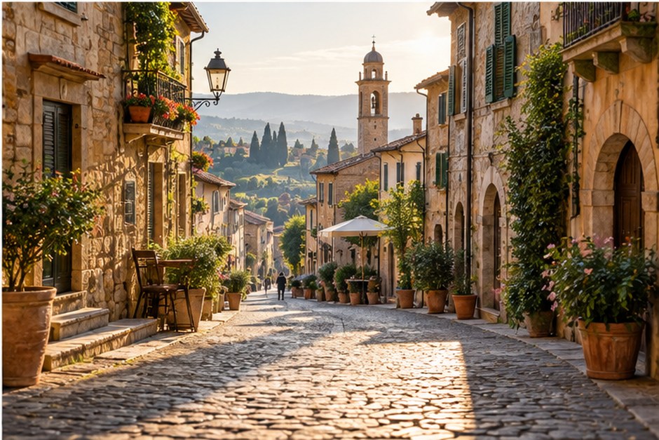 A quiet cobblestone street lined with old stone buildings in warm early-morning sunlight.
