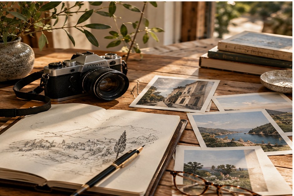 A vintage camera, sketchbook and printed travel photographs arranged on a wooden table.