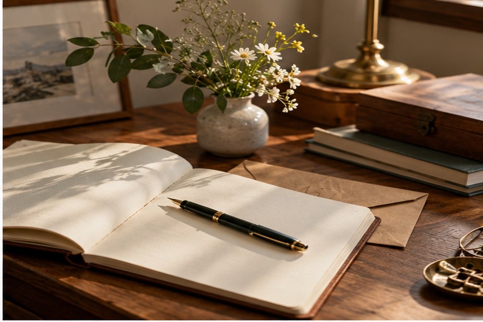An open notebook and pen on a wooden writing desk with books and flowers.